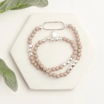 Lily - Silver & Beige Beaded Bracelet on elastic - double strand