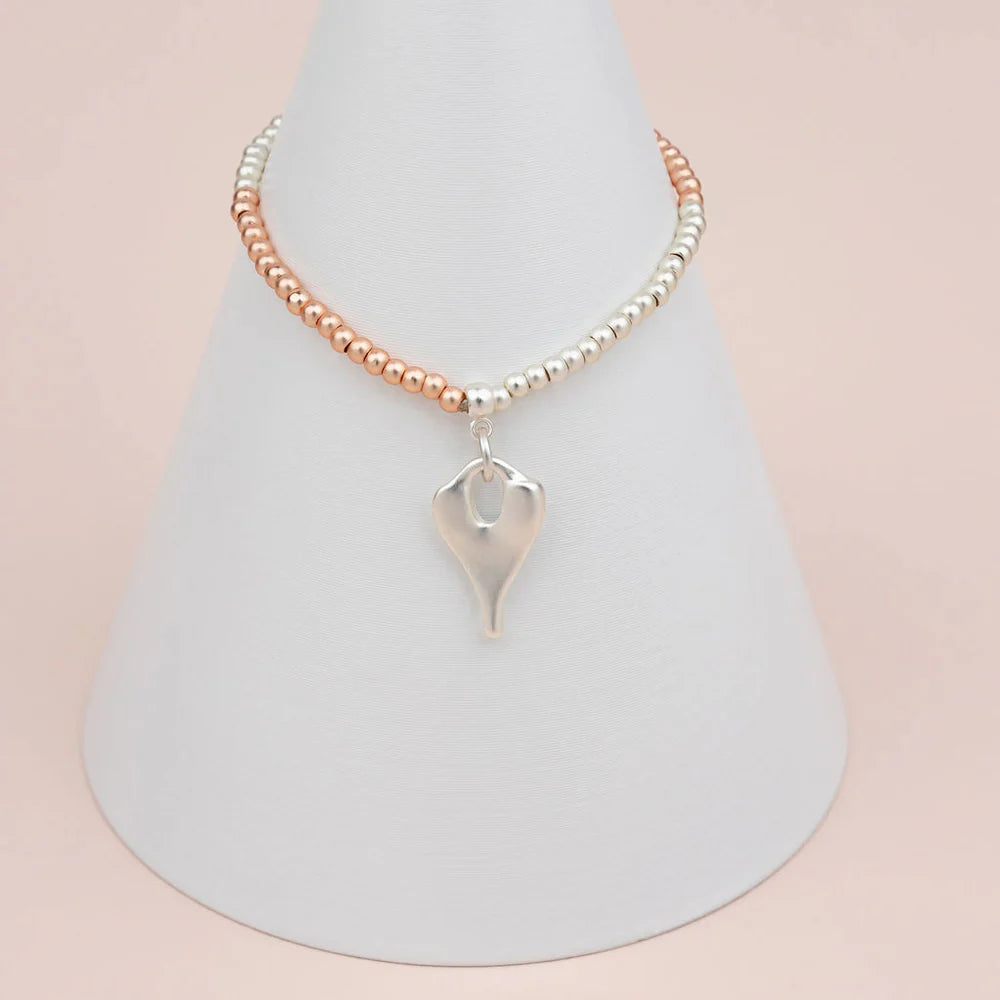 Lily 6 - Silver  & Rose Gold Beaded Bracelet with Heart Pendant
