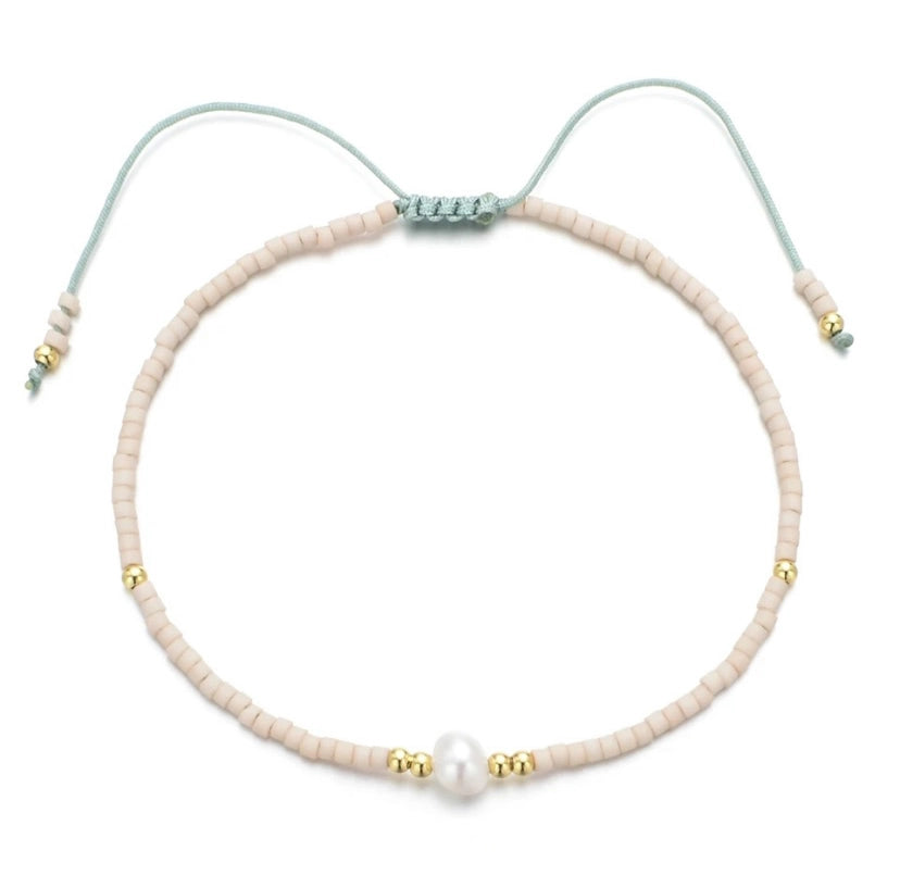 Pearl 4 - Blush Pink Beaded Rope Bracelet with gold and pearl