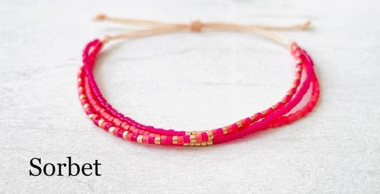 Chloe 6 - Myuki Beads Bright Pink, Watermelon and Rose Gold - 3 Strands Adjustable Bracelet
