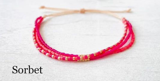 Chloe 6 - Myuki Beads Bright Pink, Watermelon and Rose Gold - 3 Strands Adjustable Bracelet