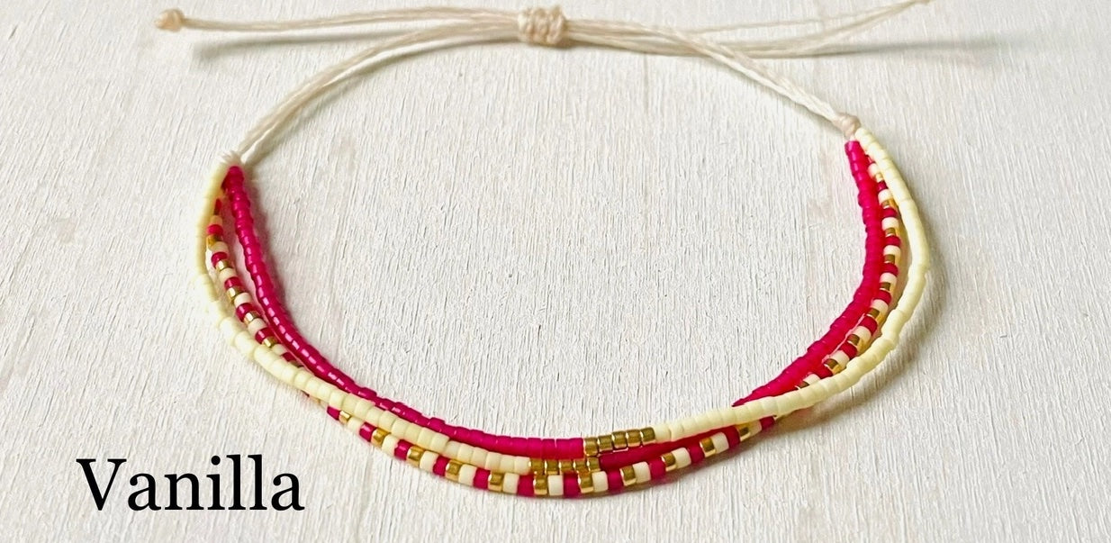 Chloe 7 - Myuki Beads Bright Pink, Vanilla & Gold - 3 Strands Adjustable Bracelet