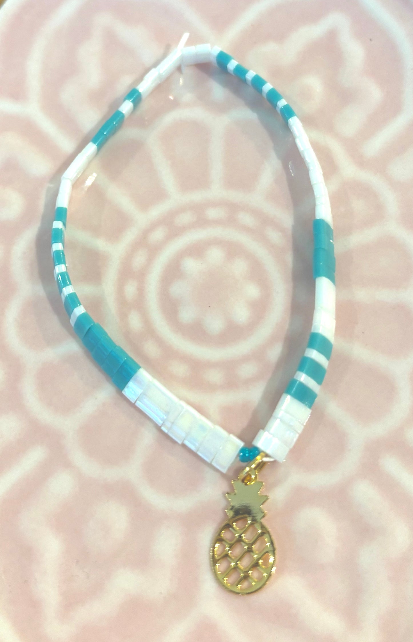 La Petite 5 - Green and White Tila Beads Bracelet with Gold Pineapple Charm