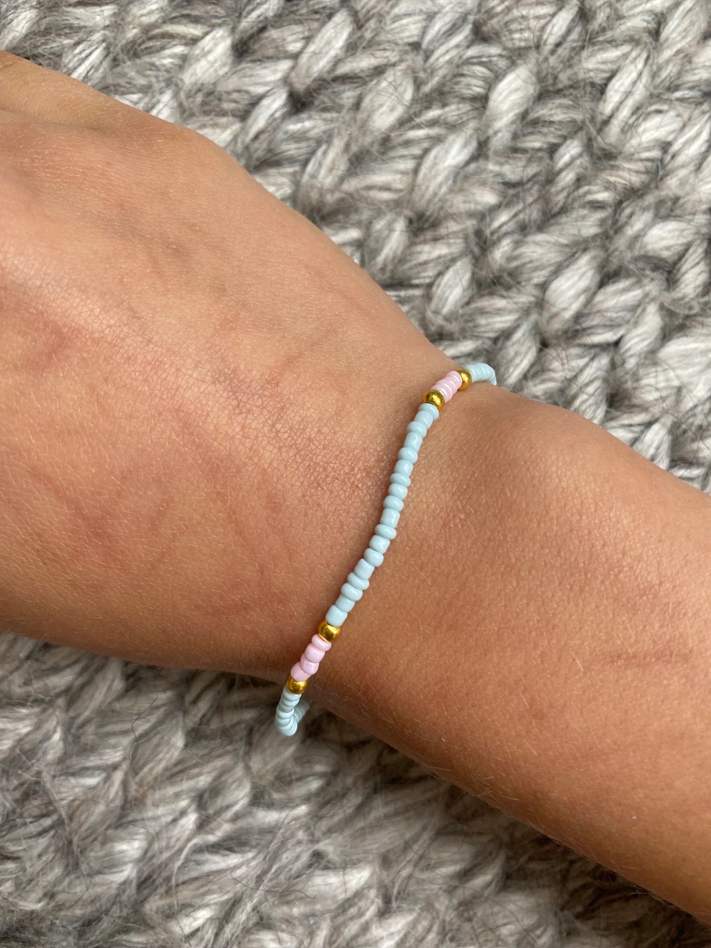 Storm 2 - Seed Bead Bracelet on elastic- Light Blue, Pink & Gold