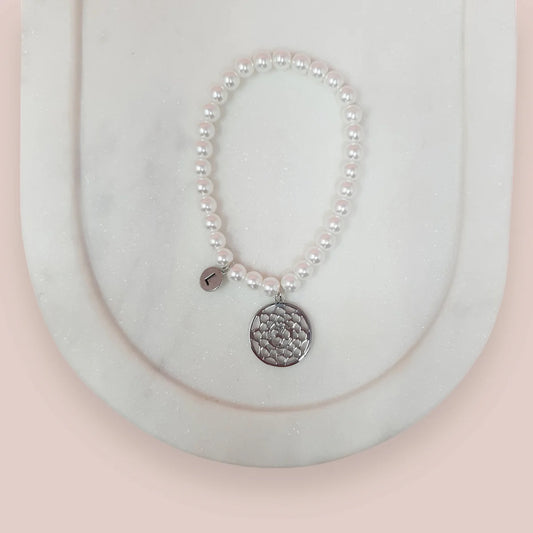 Lily 4 - Pearl and Silver Beaded Bracelet with Pendant