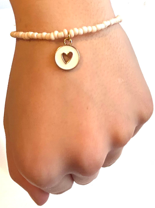 Peach Love - light peach coloured seed beads with a white and gold heart pendant