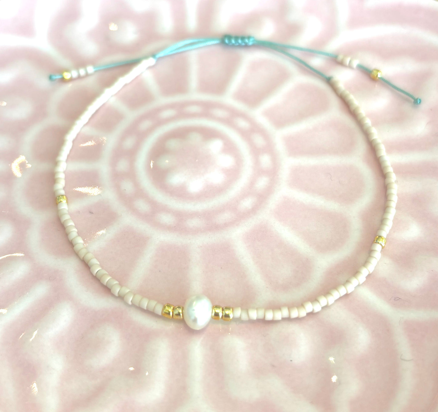 Pearl 4 - Blush Pink Beaded Rope Bracelet with gold and pearl