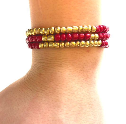 Red Pepper! Set of 3 red and gold seed beaded bracelets.