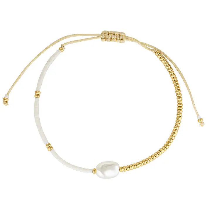 Katie - Gold & White beaded rope bracelet with pearl