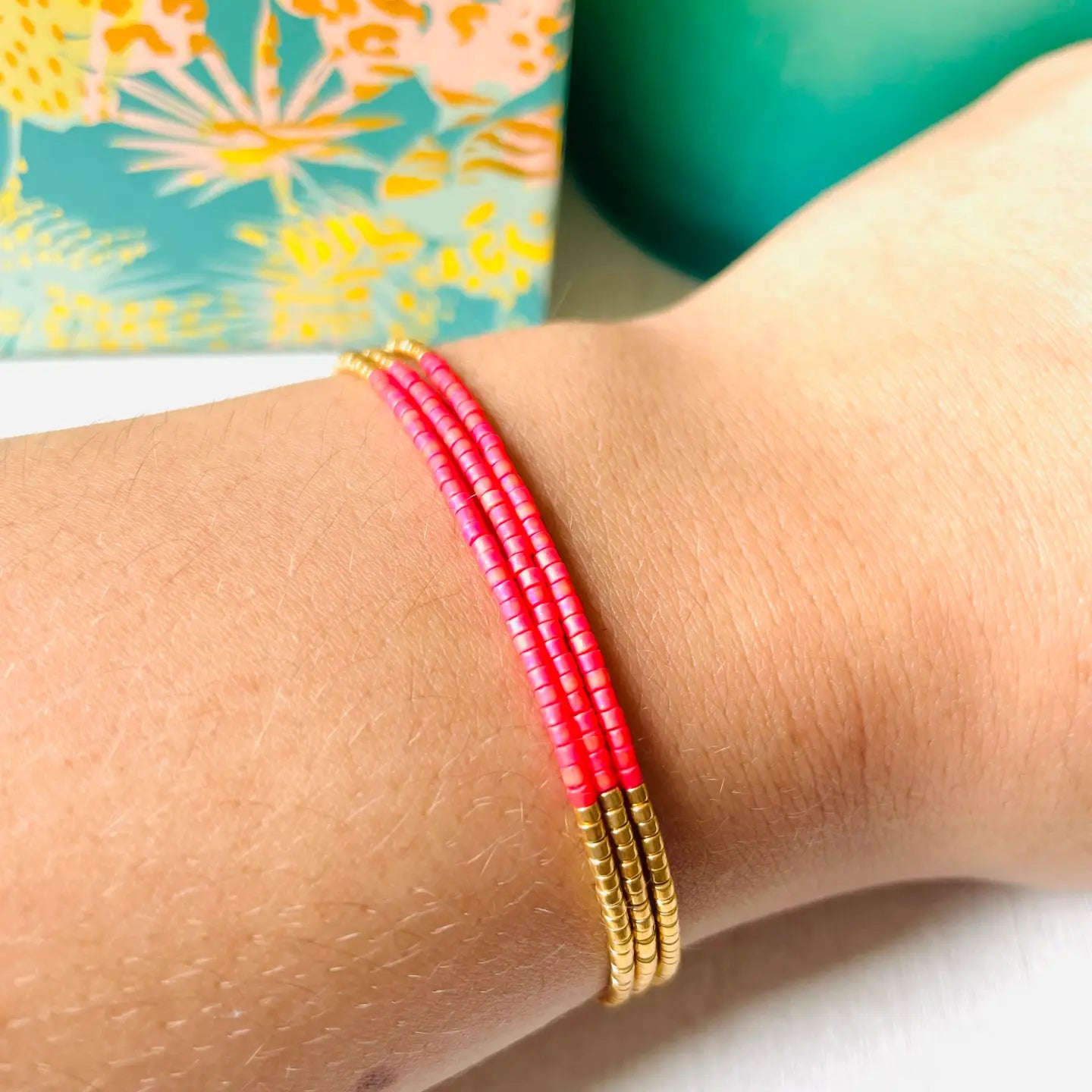 Chloe - Myuki Bead Watermelon and Gold - 3 Strands Adjustable Bracelet