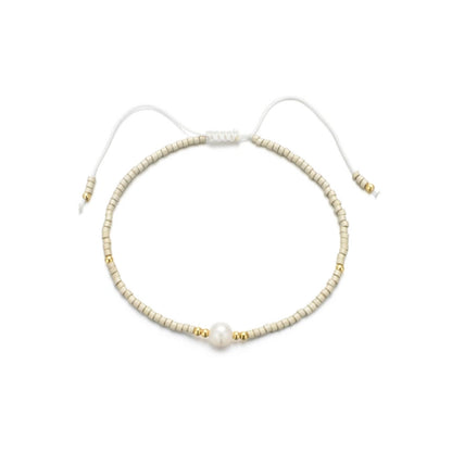 Pearl 3 - Silver Beaded Cord Bracelet with Gold and Pearl