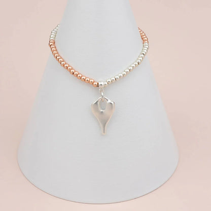 Lily 6 - Silver  & Rose Gold Beaded Bracelet with Heart Pendant