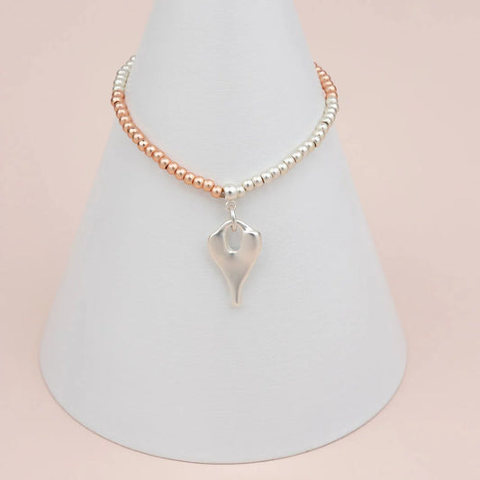 Lily 6 - Silver  & Rose Gold Beaded Bracelet with Heart Pendant