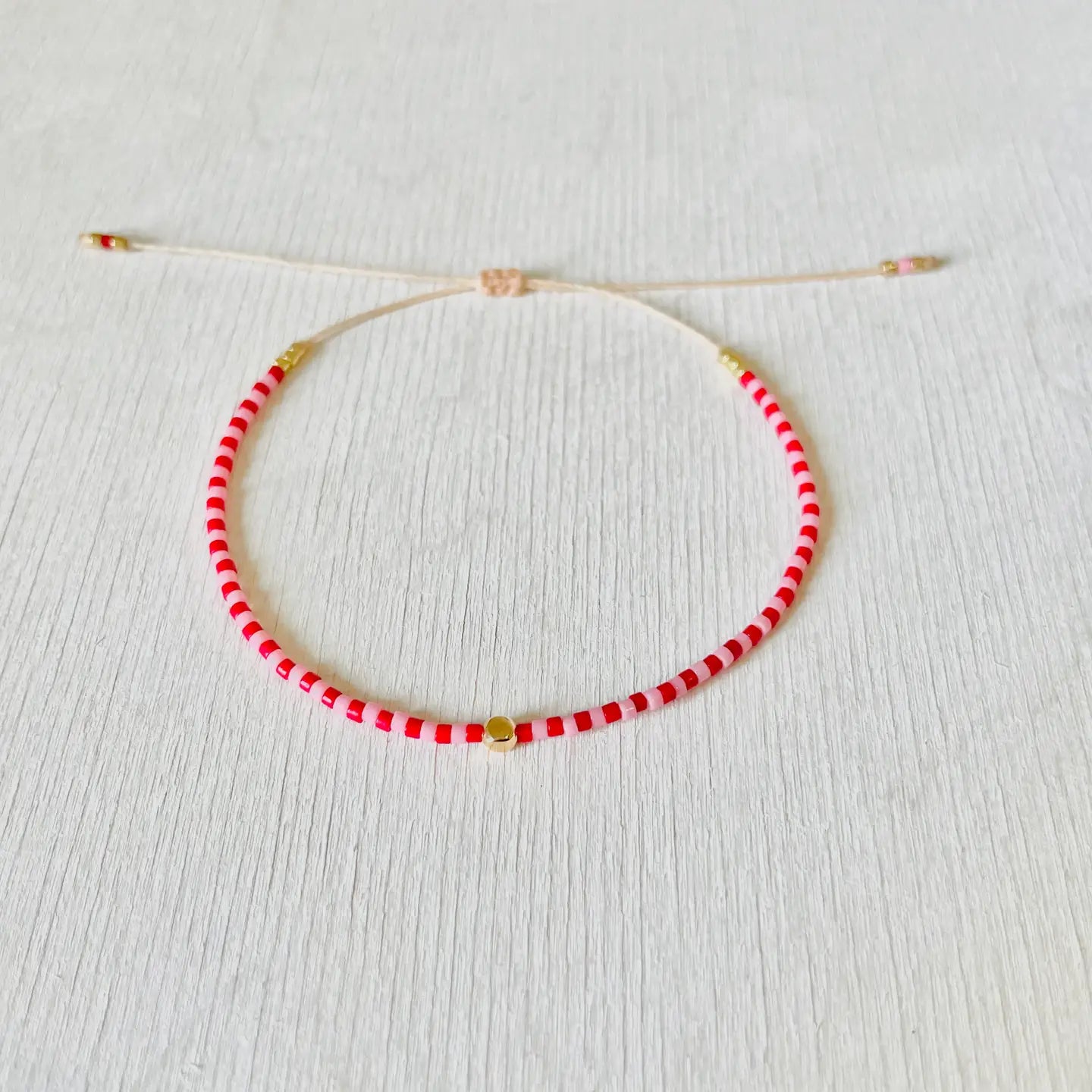 Chloe 3 - Myuki Bead Cherry Red, Pink and Small Gold Charm Beaded Bracelet