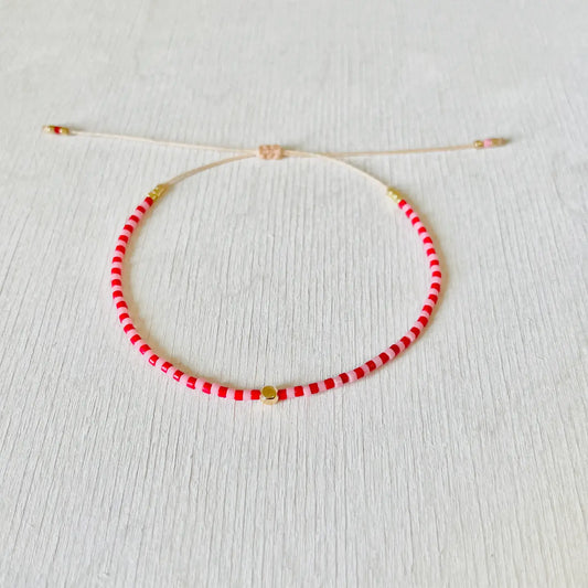 Chloe 3 - Myuki Bead Cherry Red, Pink and Small Gold Charm Beaded Bracelet
