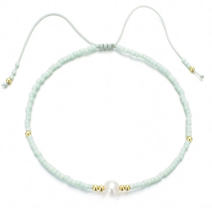 Pearl 2 - Aqua Beaded Rope Bracelet with Pearl