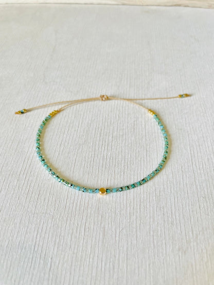 Chloe 10 - Miyuki Beads -  Mint Green and Gold Bead Charm - Adjustable Bracelet