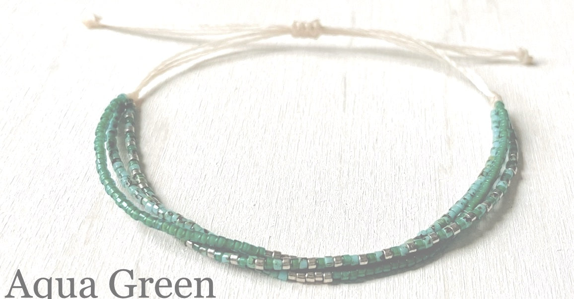 Chloe 4 - Miyuki Beads Aqua Green & Silver - 3 Strands Adjustable Bracelet