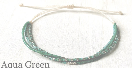 Chloe 4 - Miyuki Beads Aqua Green & Silver - 3 Strands Adjustable Bracelet