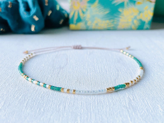 Chloe 8 - Miyuki Bead Aqua Green, Silver and Gold - Adjustable Bracelet