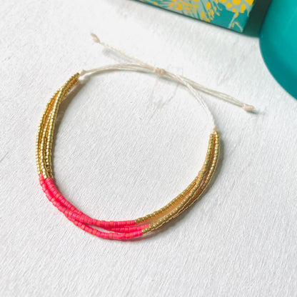 Chloe - Myuki Bead Watermelon and Gold - 3 Strands Adjustable Bracelet