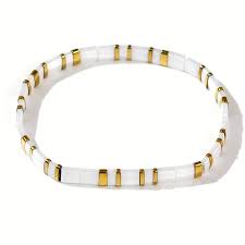 Zoe 2 - Glass Seed Tila Beaded Bracelet - White & Gold