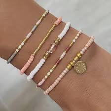 Bohemian - 5 Stack of Pink, White, Coral and Gold Beaded Bracelet
