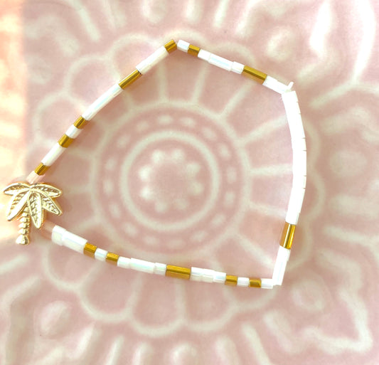 La Petite 2 - Hawaiian Tila Beaded Gold & White bracelet - Palm Tree pendant on elastic