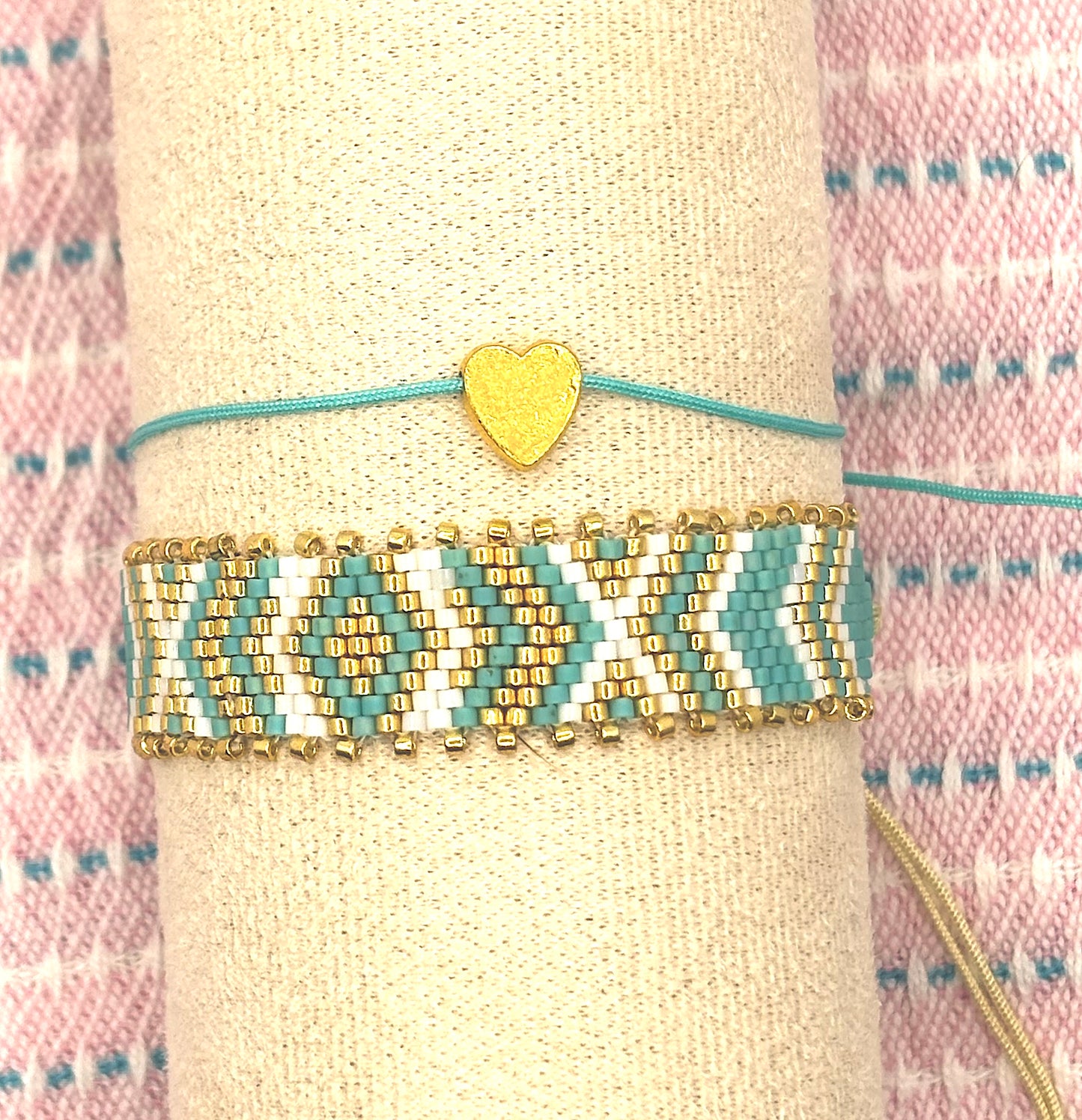 Boho Bracelet Set – Turquoise Glass Beads & Woven Heart Charm (2-Piece)