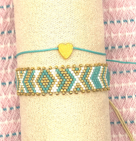 Boho Bracelet Set – Turquoise Glass Beads & Woven Heart Charm (2-Piece)
