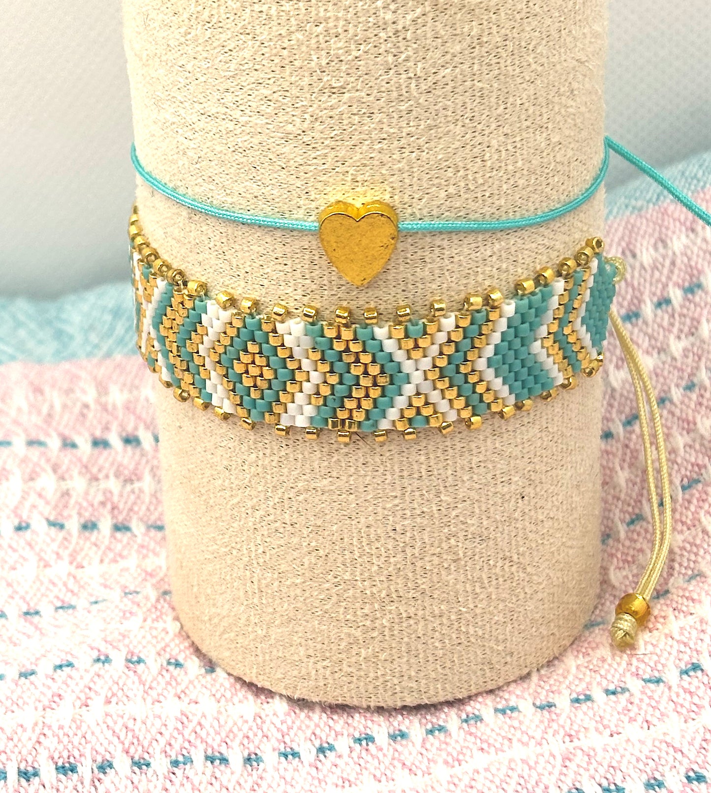 Boho Bracelet Set – Turquoise Glass Beads & Woven Heart Charm (2-Piece)