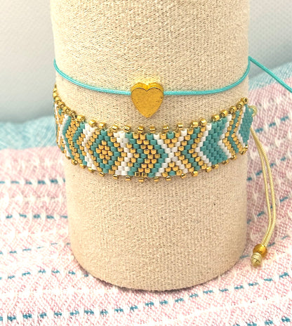 Boho Bracelet Set – Turquoise Glass Beads & Woven Heart Charm (2-Piece)
