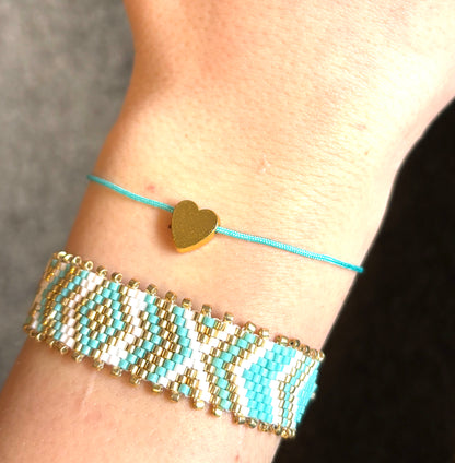 Boho Bracelet Set – Turquoise Glass Beads & Woven Heart Charm (2-Piece)
