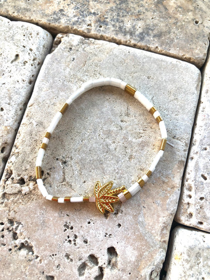 La Petite 2 - Hawaiian Tila Beaded Gold & White bracelet - Palm Tree pendant on elastic