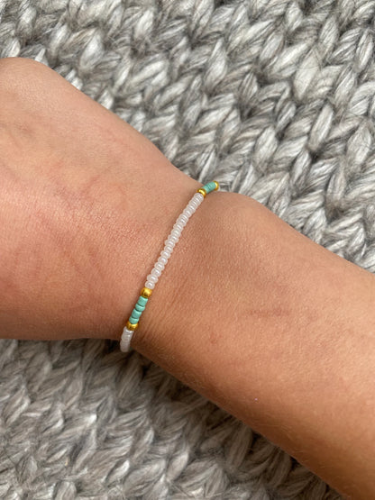 Storm 5 - Seed Beaded Bracelet on elastic - White, Gold and Sage