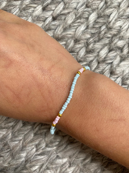 Storm 2 - Seed Bead Bracelet on elastic- Light Blue, Pink & Gold