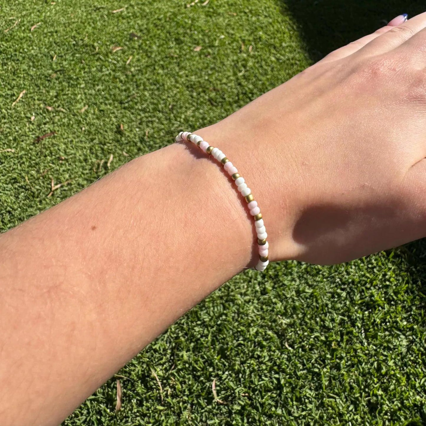 Sweetheart - White, Pink and Gold Beaded Bracelet on Elastic