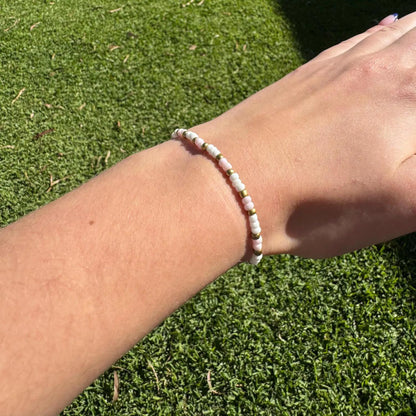 Sweetheart - White, Pink and Gold Beaded Bracelet on Elastic