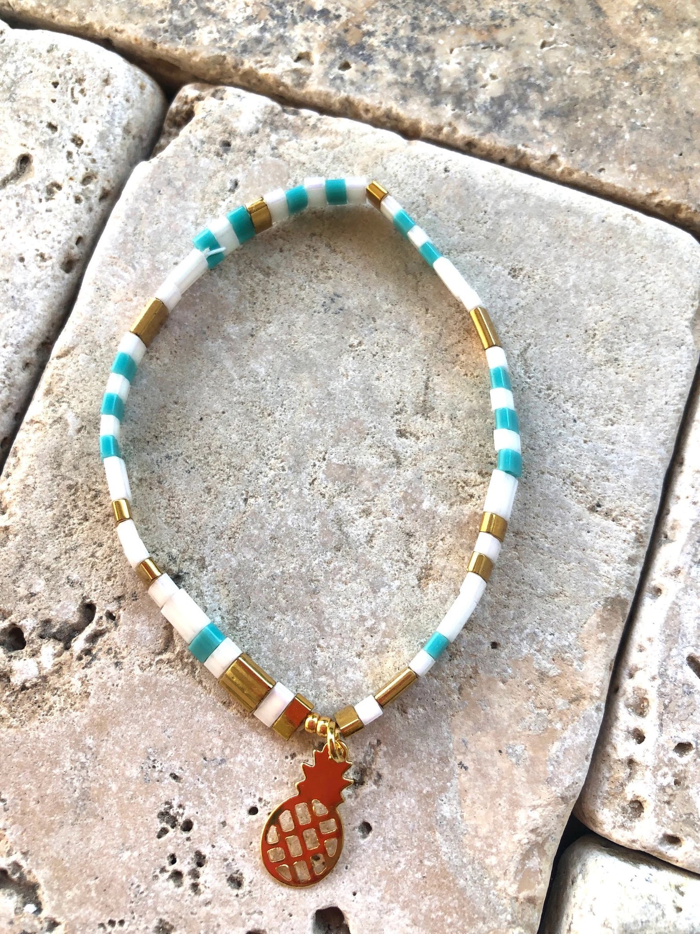 La Petite 5 - Green and White Tila Beads Bracelet with Gold Pineapple Charm