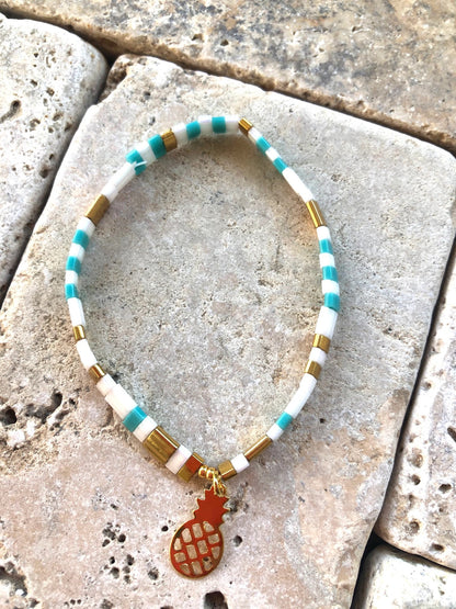 La Petite 5 - Green and White Tila Beads Bracelet with Gold Pineapple Charm