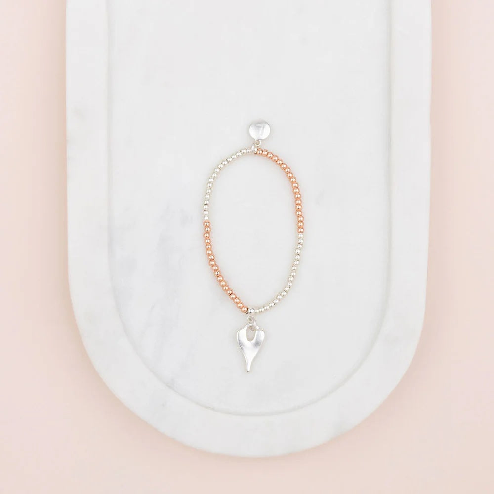 Lily 6 - Silver  & Rose Gold Beaded Bracelet with Heart Pendant