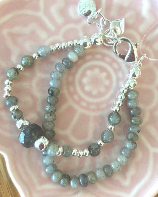 Lily 3 - 2 Strand Bracelet with Silver and Dark Mottled Green Beads