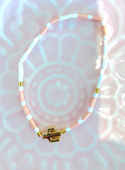 La Petite - Cactus Charm beaded bracelet - Peach, Gold & White Tila beads on elastic