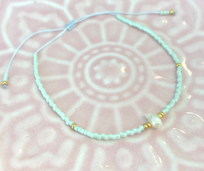 Pearl 2 - Aqua Beaded Rope Bracelet with Pearl