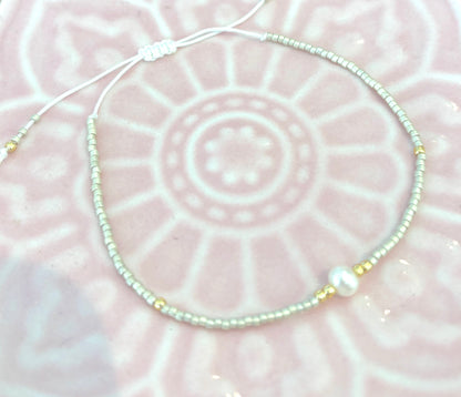 Pearl 3 - Silver Beaded Cord Bracelet with Gold and Pearl
