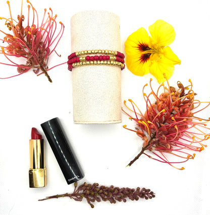 Red Pepper! Set of 3 red and gold seed beaded bracelets.