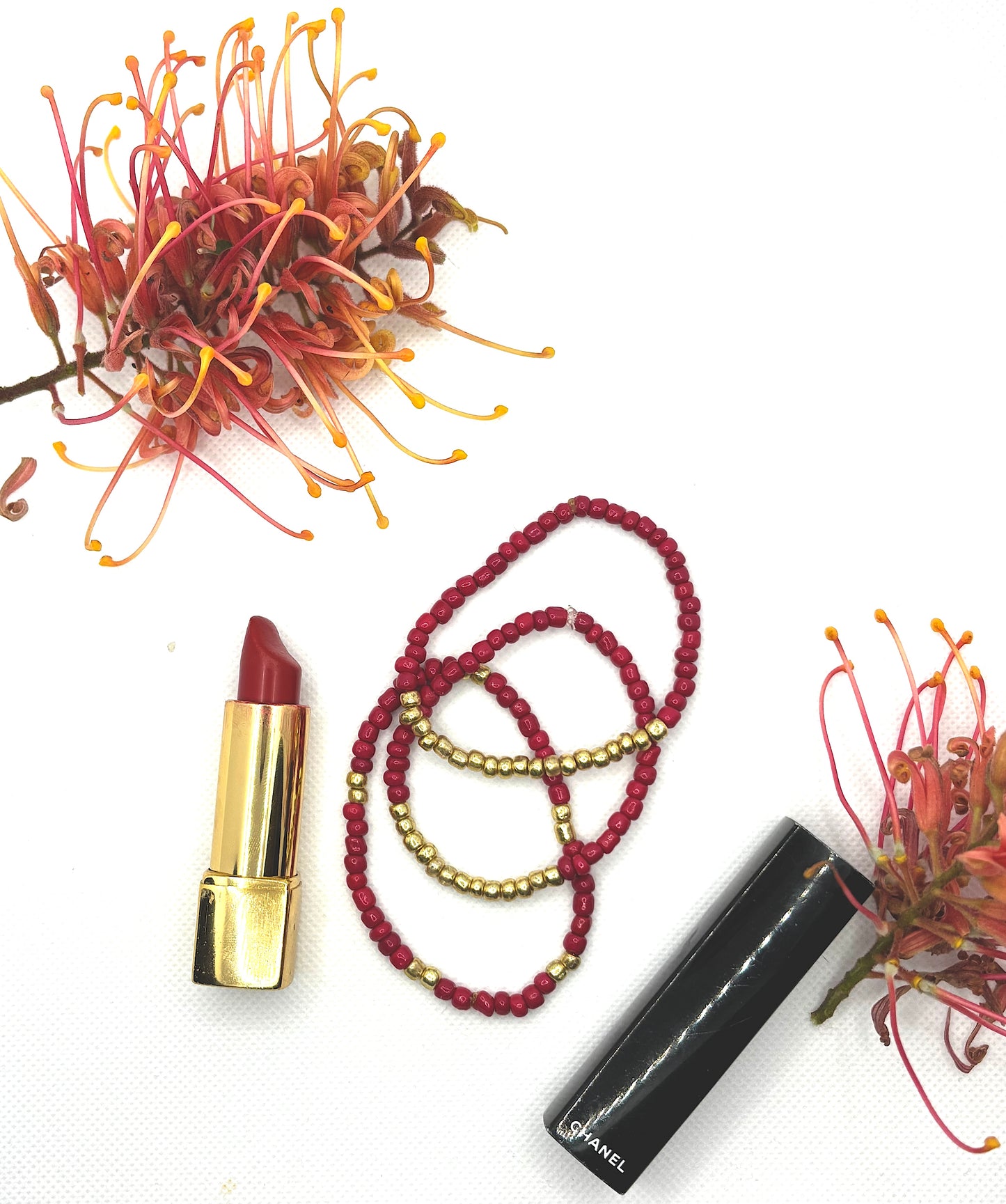 Red Pepper! Set of 3 red and gold seed beaded bracelets.