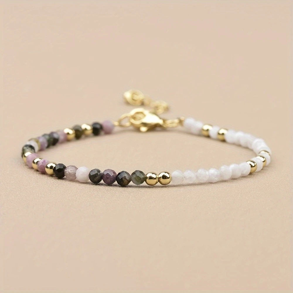 Spring - Tourmaline & Moonstone beaded bracelet with gold clasp