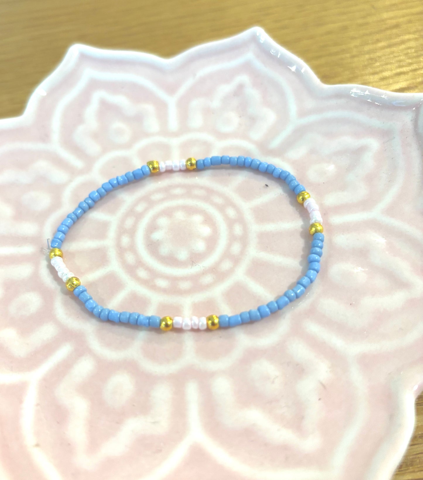 Storm 2 - Seed Bead Bracelet on elastic- Light Blue, Pink & Gold