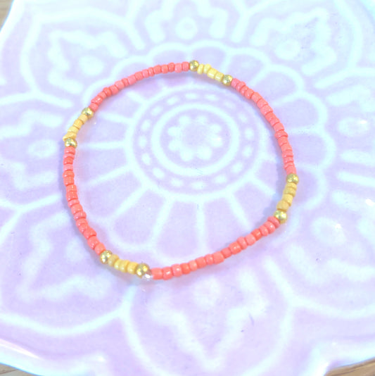 Storm 4 - Seed Bead Bracelet on elastic - Coral, Yellow & Gold